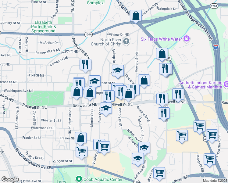 map of restaurants, bars, coffee shops, grocery stores, and more near 712 Lawrence Street Northeast in Marietta