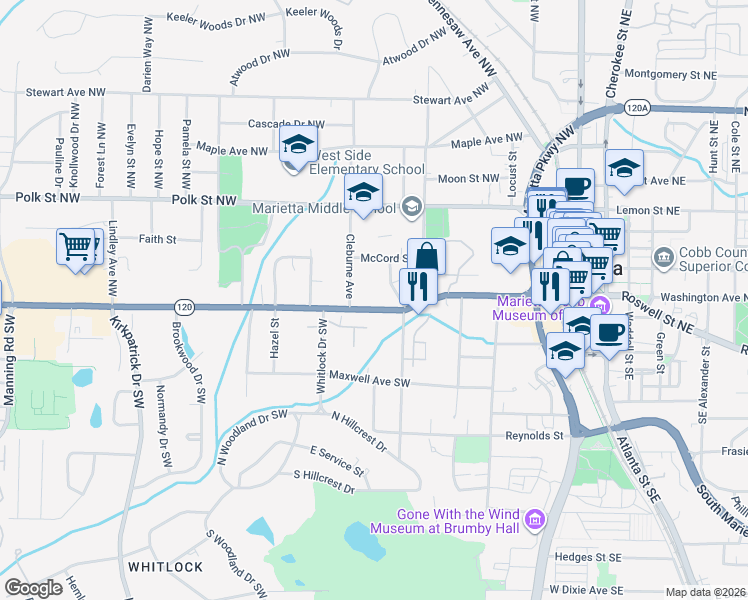 map of restaurants, bars, coffee shops, grocery stores, and more near 32 Cleburne Avenue Northwest in Marietta