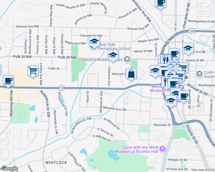 map of restaurants, bars, coffee shops, grocery stores, and more near 31 Cleburne Avenue Northwest in Marietta