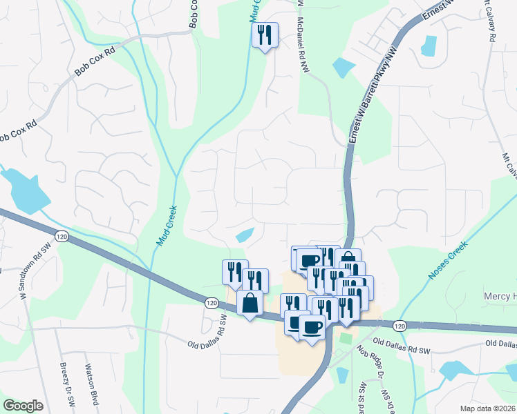 map of restaurants, bars, coffee shops, grocery stores, and more near 2488 Zachary Woods Drive Northwest in Marietta