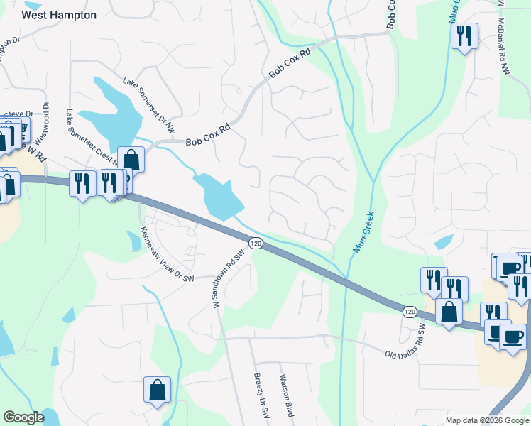 map of restaurants, bars, coffee shops, grocery stores, and more near 156 Helmswood Circle Southwest in Marietta