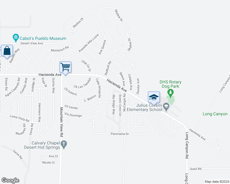 map of restaurants, bars, coffee shops, grocery stores, and more near Sky Ridge Way in Desert Hot Springs