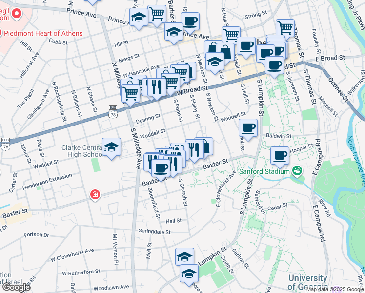 map of restaurants, bars, coffee shops, grocery stores, and more near 350 South Pope Street in Athens