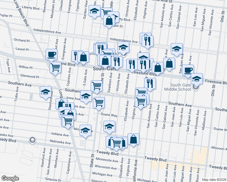 map of restaurants, bars, coffee shops, grocery stores, and more near 8995 Victoria Avenue in South Gate