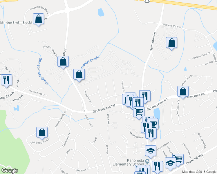 map of restaurants, bars, coffee shops, grocery stores, and more near 1311 Buttercup Court in Lawrenceville