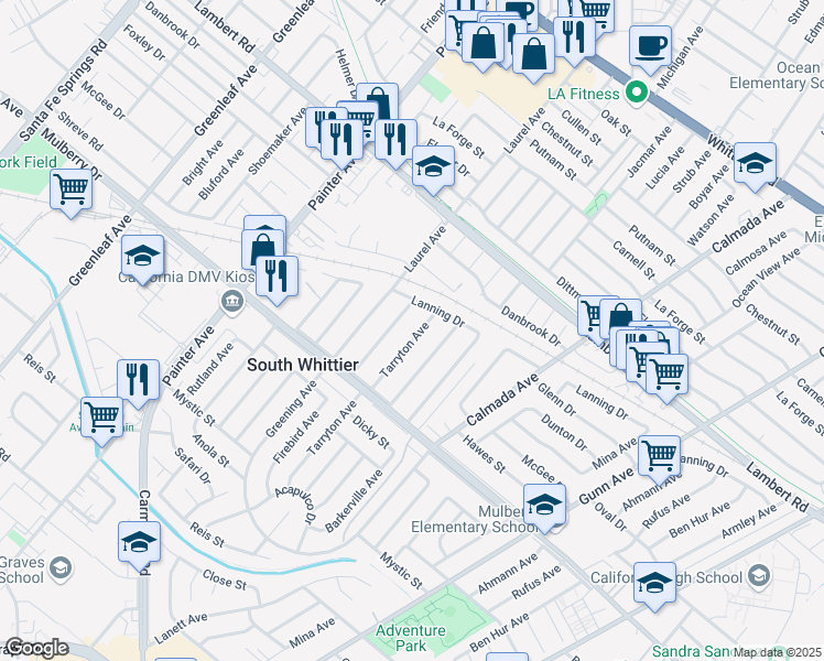 map of restaurants, bars, coffee shops, grocery stores, and more near 9237 Tarryton Avenue in Whittier