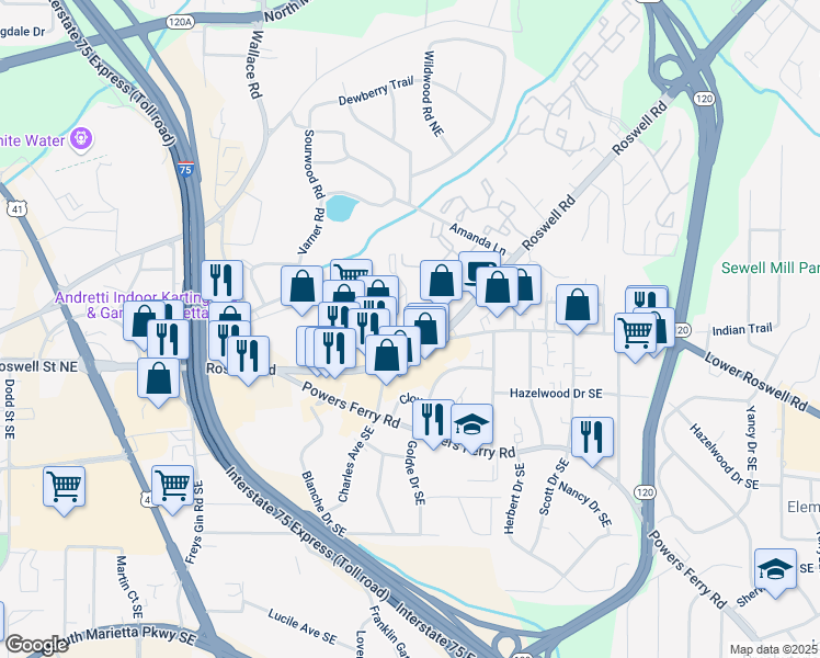 map of restaurants, bars, coffee shops, grocery stores, and more near 1505 Roswell Road in Marietta