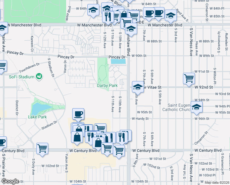 map of restaurants, bars, coffee shops, grocery stores, and more near 9300 South 11th Avenue in Inglewood