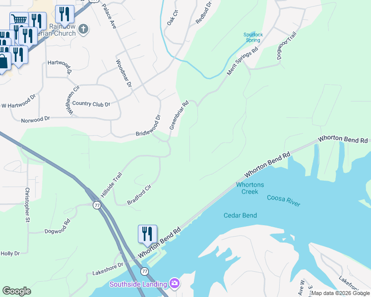 map of restaurants, bars, coffee shops, grocery stores, and more near 105 Greenbriar Road in Gadsden