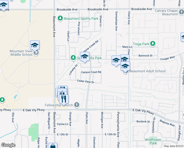 map of restaurants, bars, coffee shops, grocery stores, and more near 1515 Sequoia Drive in Beaumont