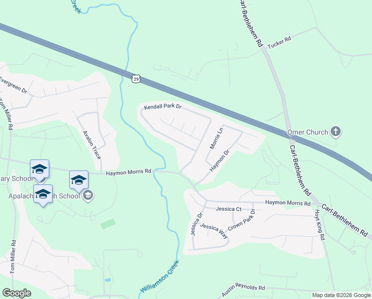 map of restaurants, bars, coffee shops, grocery stores, and more near 927 Kendall Park Drive in Winder