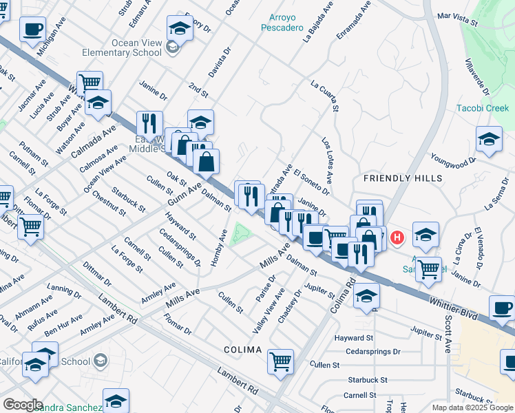map of restaurants, bars, coffee shops, grocery stores, and more near 8937 La Entrada Avenue in Whittier