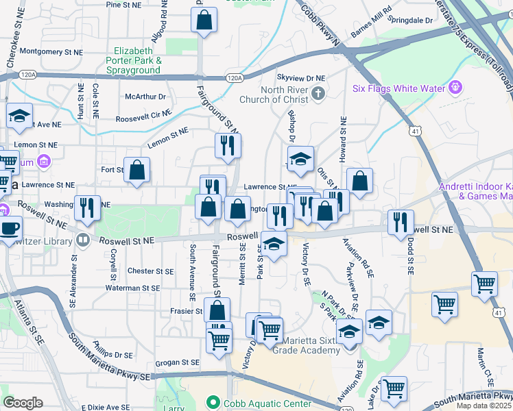 map of restaurants, bars, coffee shops, grocery stores, and more near 66 Moore Avenue in Marietta