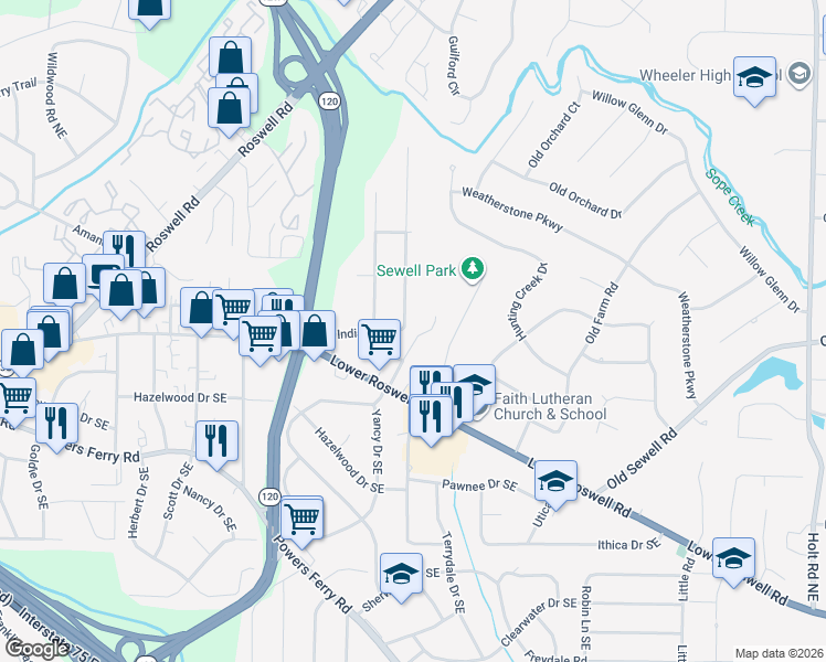 map of restaurants, bars, coffee shops, grocery stores, and more near 86 Indian Trail in Marietta