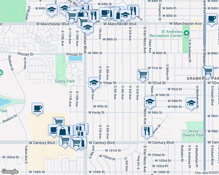 map of restaurants, bars, coffee shops, grocery stores, and more near 9312 South 6th Avenue in Inglewood