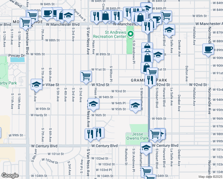 map of restaurants, bars, coffee shops, grocery stores, and more near 2027 West 93rd Street in Los Angeles