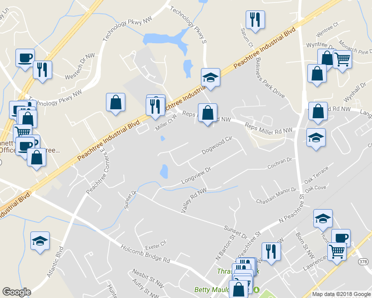 map of restaurants, bars, coffee shops, grocery stores, and more near 266 Dogwood Walk Lane in Norcross