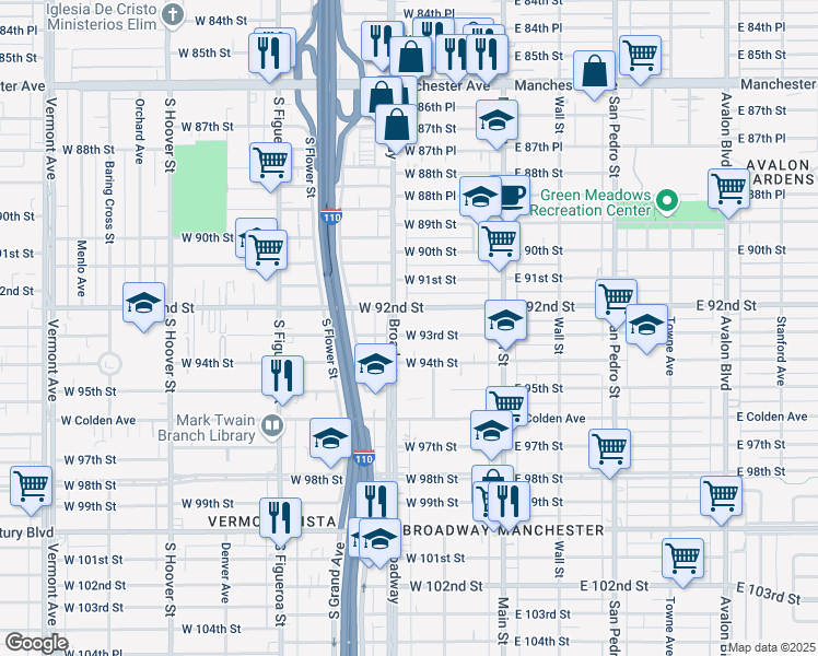 map of restaurants, bars, coffee shops, grocery stores, and more near 9204 South Broadway in Los Angeles