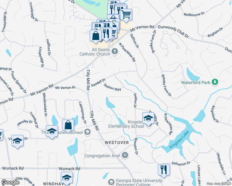 map of restaurants, bars, coffee shops, grocery stores, and more near 5361 Seaton Way in Dunwoody