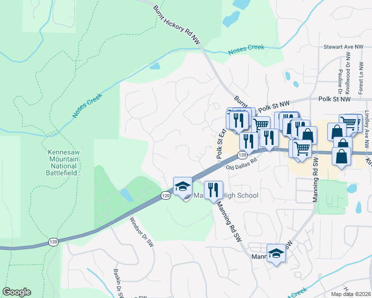 map of restaurants, bars, coffee shops, grocery stores, and more near 1275 Whitlock Ridge Drive in Marietta