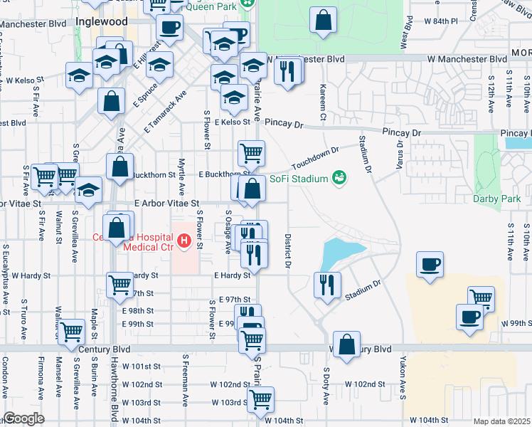 map of restaurants, bars, coffee shops, grocery stores, and more near 910 South Prairie Avenue in Inglewood