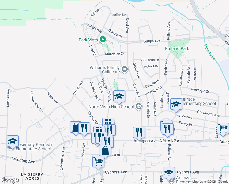 map of restaurants, bars, coffee shops, grocery stores, and more near 6750 Astoria Drive in Riverside