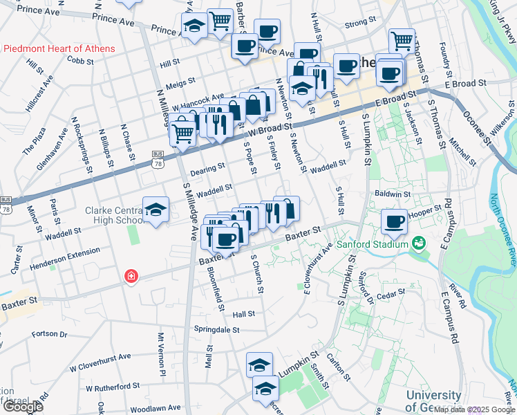 map of restaurants, bars, coffee shops, grocery stores, and more near 370 South Pope Street in Athens