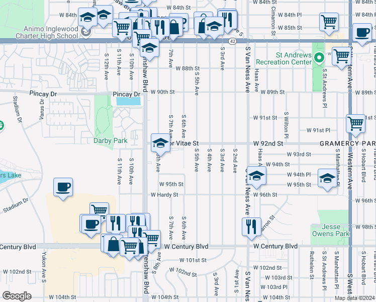 map of restaurants, bars, coffee shops, grocery stores, and more near 9312 South 6th Avenue in Inglewood