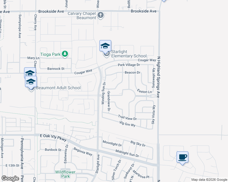 map of restaurants, bars, coffee shops, grocery stores, and more near 1517 Willowhaven Lane in Beaumont