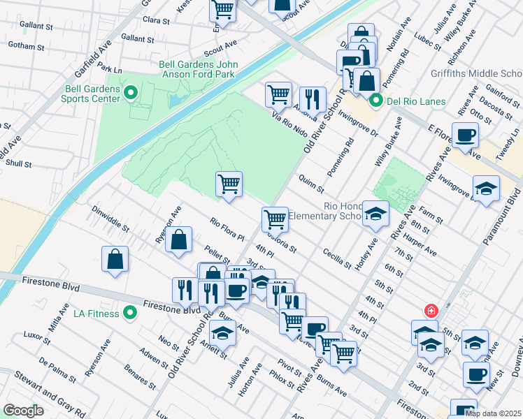 map of restaurants, bars, coffee shops, grocery stores, and more near 7366 Country Club Drive in Downey