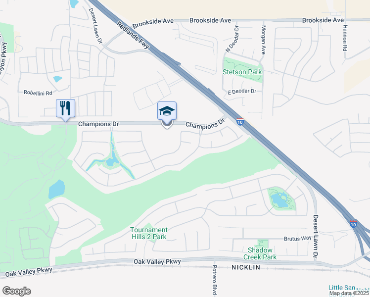 map of restaurants, bars, coffee shops, grocery stores, and more near 36719 Torrey Pines Drive in Beaumont