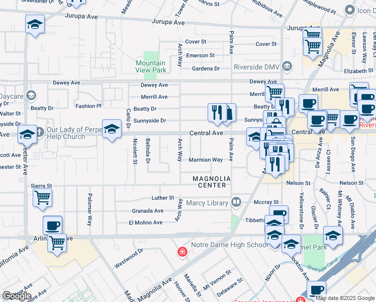 map of restaurants, bars, coffee shops, grocery stores, and more near 6650 Arch Way in Riverside