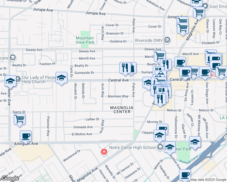 map of restaurants, bars, coffee shops, grocery stores, and more near 6650 Calvin Court in Riverside