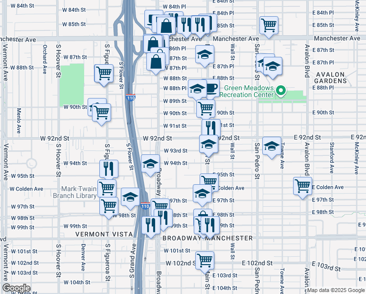 map of restaurants, bars, coffee shops, grocery stores, and more near 161 West 93rd Street in Los Angeles