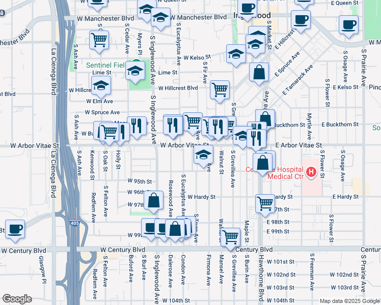 map of restaurants, bars, coffee shops, grocery stores, and more near 913 South Truro Avenue in Inglewood