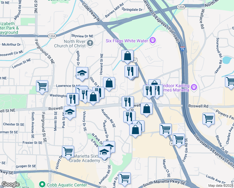 map of restaurants, bars, coffee shops, grocery stores, and more near 82 Rising Fawn Lane in Marietta