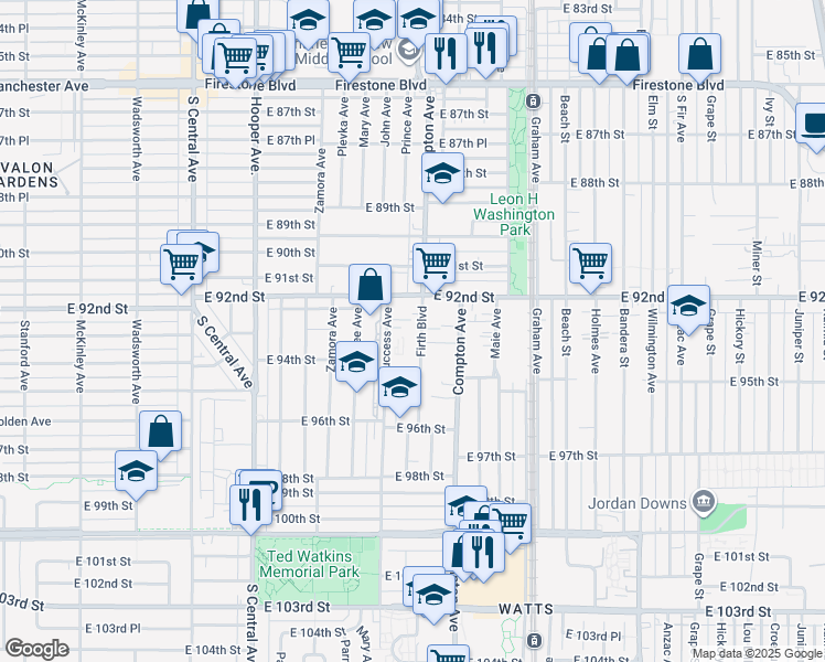 map of restaurants, bars, coffee shops, grocery stores, and more near 9229 Firth Boulevard in Los Angeles