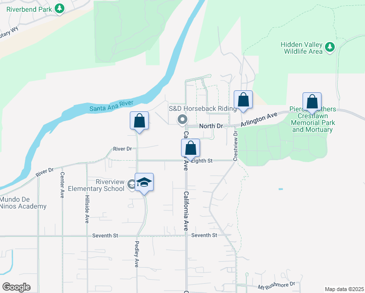 map of restaurants, bars, coffee shops, grocery stores, and more near 4760 California Avenue in Norco