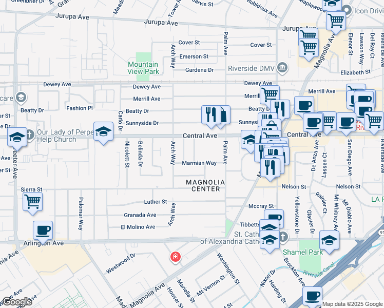 map of restaurants, bars, coffee shops, grocery stores, and more near 6650 Calvin Court in Riverside