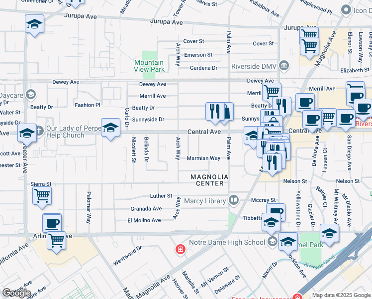 map of restaurants, bars, coffee shops, grocery stores, and more near 6650 Arch Way in Riverside