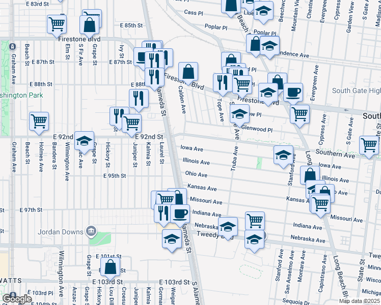 map of restaurants, bars, coffee shops, grocery stores, and more near 2436 Iowa Avenue in South Gate
