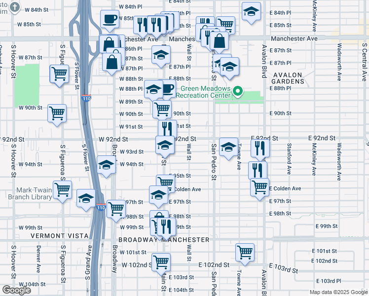 map of restaurants, bars, coffee shops, grocery stores, and more near 152 East 92nd Street in Los Angeles