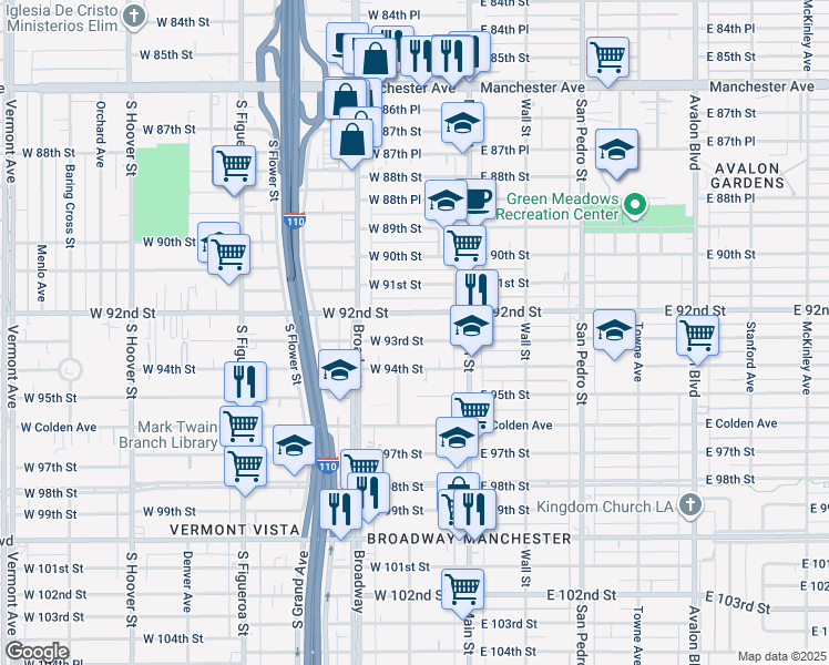 map of restaurants, bars, coffee shops, grocery stores, and more near 210 West 92nd Street in Los Angeles