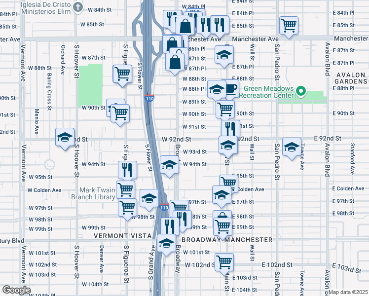 map of restaurants, bars, coffee shops, grocery stores, and more near 9204 South Broadway in Los Angeles