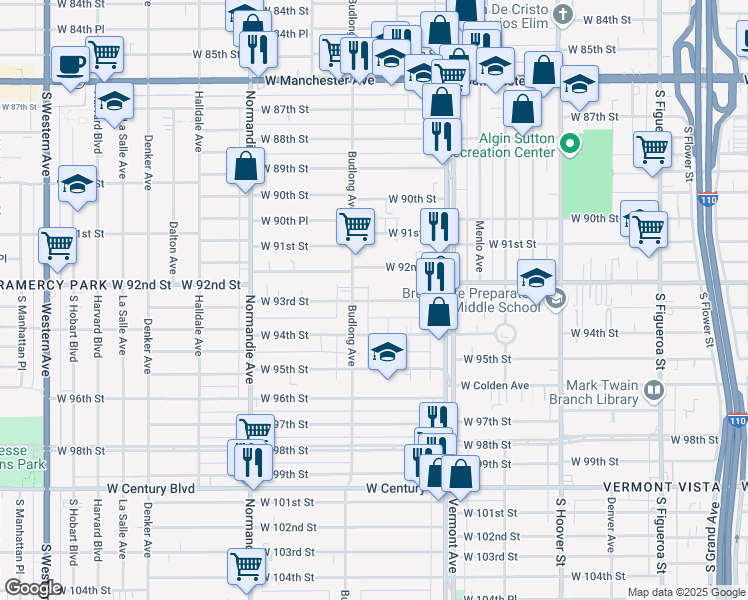 map of restaurants, bars, coffee shops, grocery stores, and more near 1115 3/4 West 93rd Street in Los Angeles