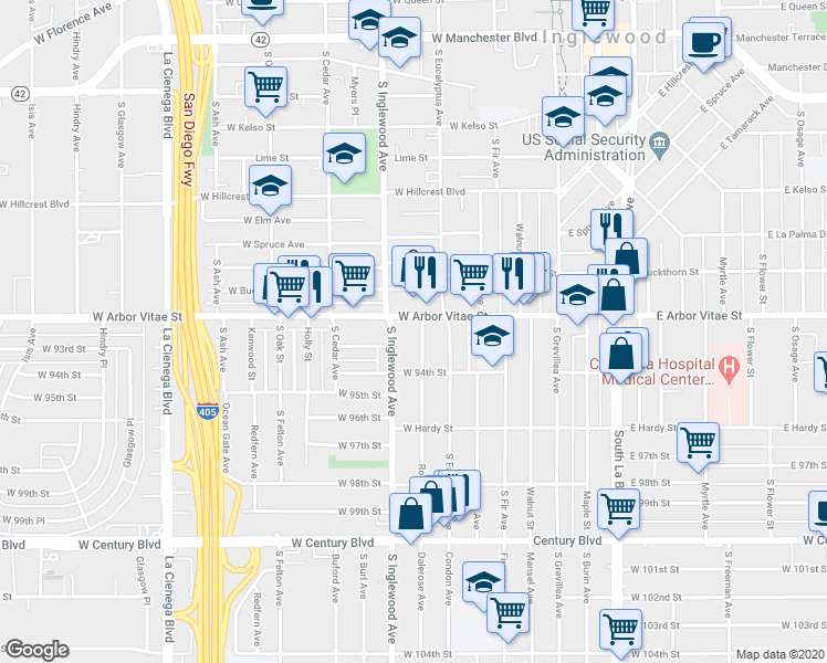 map of restaurants, bars, coffee shops, grocery stores, and more near 330 West Arbor Vitae Street in Inglewood