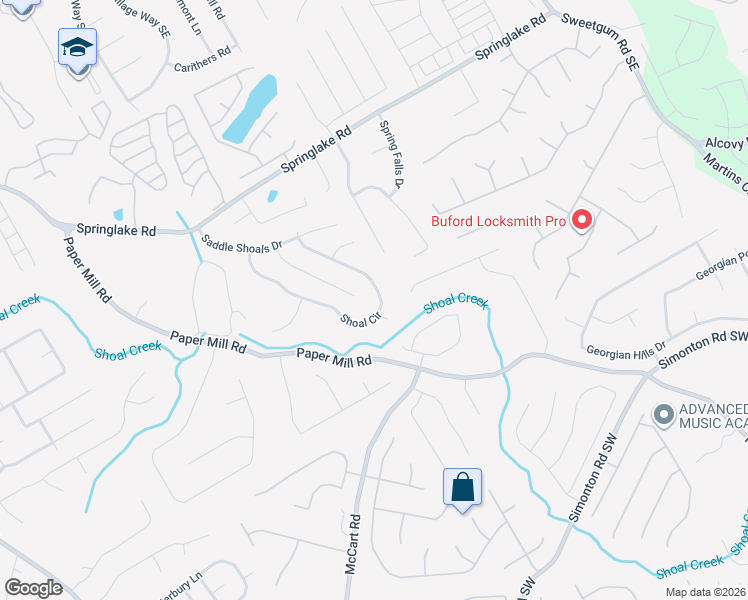 map of restaurants, bars, coffee shops, grocery stores, and more near 602 Shoal Circle in Lawrenceville