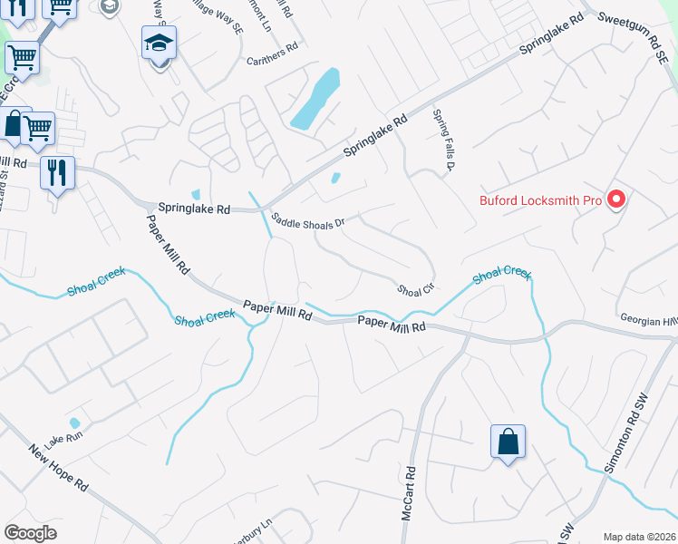 map of restaurants, bars, coffee shops, grocery stores, and more near 397 Shoal Circle in Lawrenceville