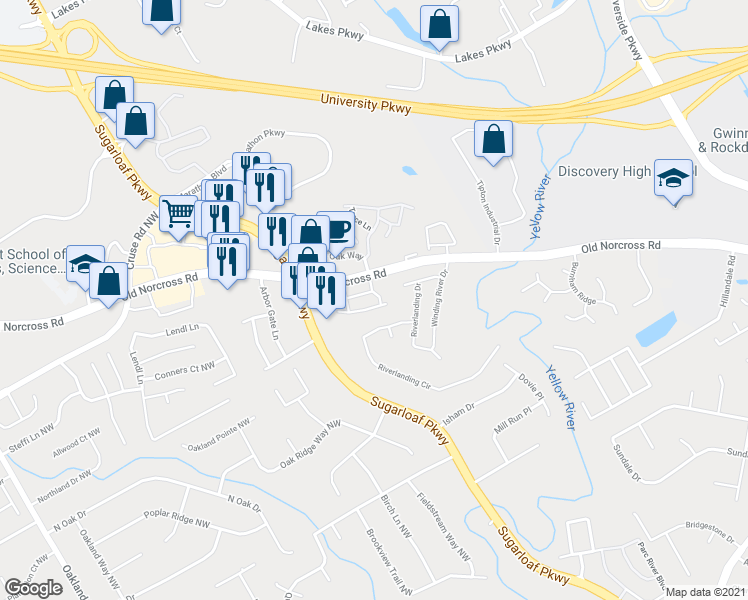 map of restaurants, bars, coffee shops, grocery stores, and more near 1749 Coleville Oak Lane in Lawrenceville