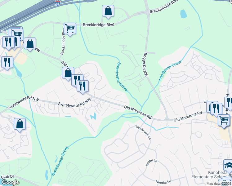 map of restaurants, bars, coffee shops, grocery stores, and more near 2851 Weston Brook Court in Duluth